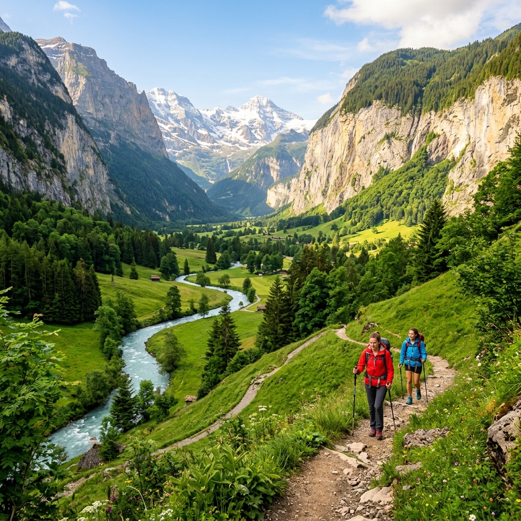 Travelers hiking scenic valley